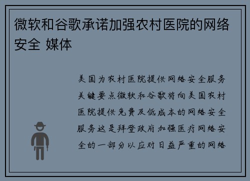 微软和谷歌承诺加强农村医院的网络安全 媒体